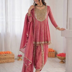 Onion Pink Art Silk Thread With Mirror Dhoti Suit Plus Stitched